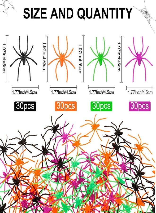 ldyllicStyle Plastic Spiders, 120 PCS Halloween Fake Spider Decorations, 4 Colors Small Realistic Spiders Toy Prank Props for Halloween Home Party Favors Haunted House April Fool's Day Decor Supplies 2 x 1.8 In - Image 2